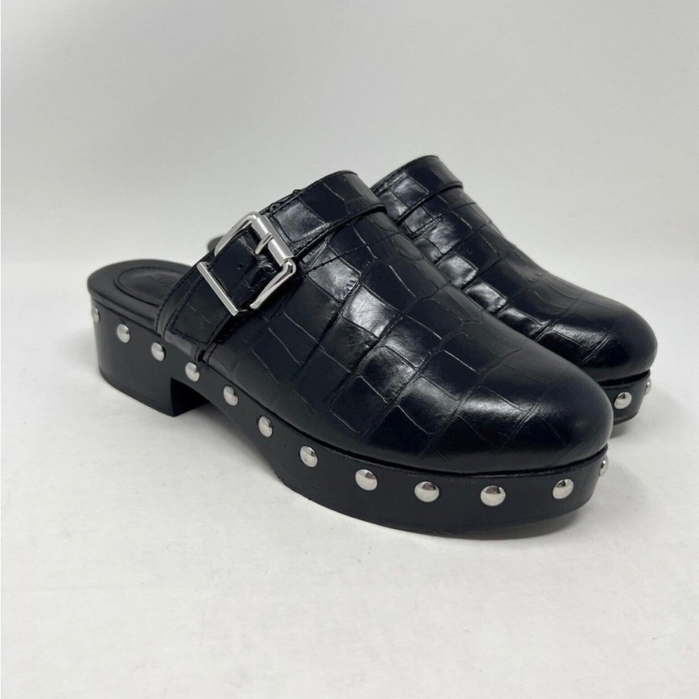 Schutz black crocodile embossed clogs with buckle detail and studs